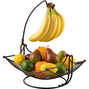 dinette decor fruit bowl with banana hanger - fruit basket with detachable banana holder - black chrome or bronze color options (black)