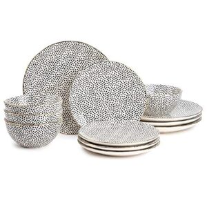 thyme & table dinnerware black white medallion stoneware, 12 piece set (polka dot), polka dots