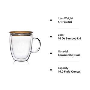 ZHMTang Glass Coffee Mug Double-walled Borosilicate Glass Cup for Hot or Iced Coffee, Milk, Tea (16 Oz Bamboo Lid)