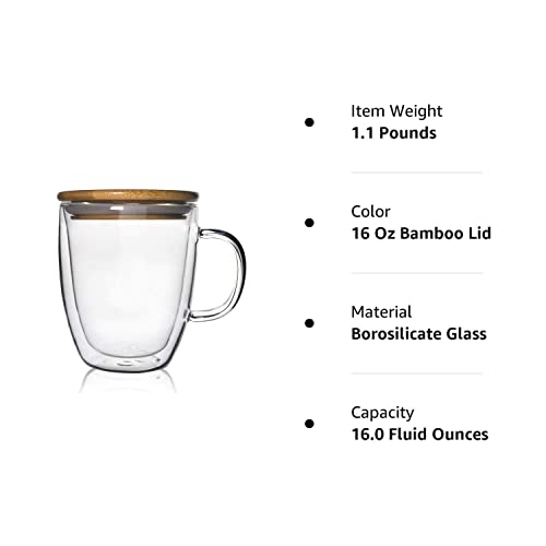 ZHMTang Glass Coffee Mug Double-walled Borosilicate Glass Cup for Hot or Iced Coffee, Milk, Tea (16 Oz Bamboo Lid)