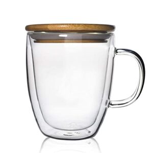 zhmtang glass coffee mug double-walled borosilicate glass cup for hot or iced coffee, milk, tea (16 oz bamboo lid)