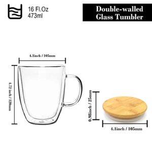ZHMTang Glass Coffee Mug Double-walled Borosilicate Glass Cup for Hot or Iced Coffee, Milk, Tea (16 Oz Bamboo Lid)