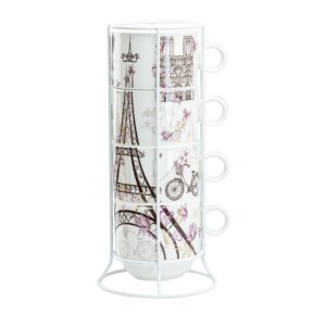 grace teaware stackable coffee tea mug 10-ounce set of 4 with white metal stand (paris eiffel tower pink gold)