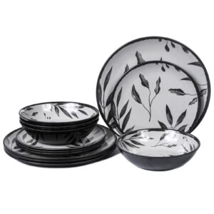 12pcs melamine dinnerware set, camping dishes, dinner plates and bowls set for picnic rv use, unbreakable, dishwasher safe