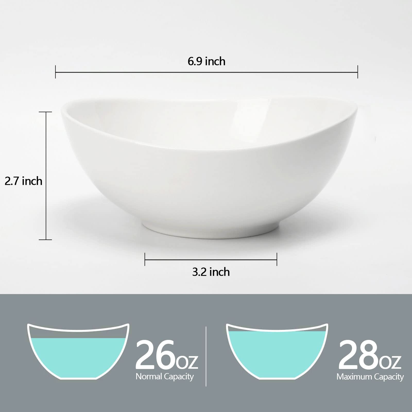 amHomel Ceramic Bowls, 28 Ounce for Cereal, Dessert, Salad and Soup, Chip Resistant, Dishwasher and Microwave Safe, Porcelain Bowls for Eating, Set of 4(White)