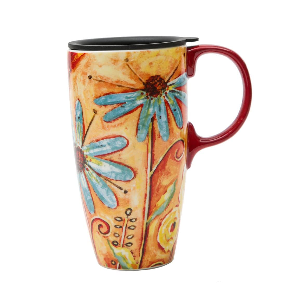 DUSVALLY Ceramic Mug Large Coffee Cup Tall Travel Mugs Porcelain Latte Tea Cup with Lid 17oz,Orange Flower