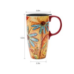 DUSVALLY Ceramic Mug Large Coffee Cup Tall Travel Mugs Porcelain Latte Tea Cup with Lid 17oz,Orange Flower