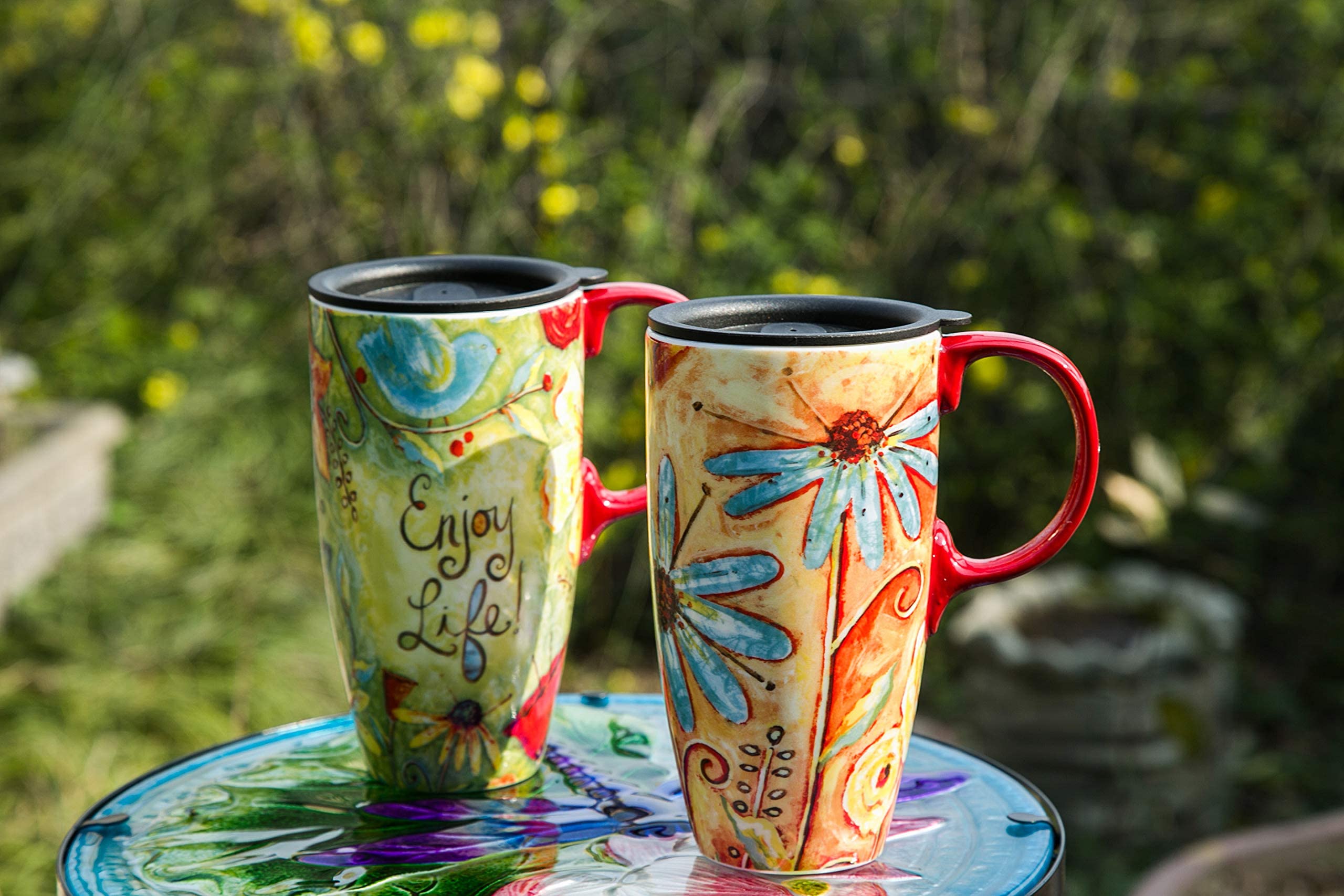 DUSVALLY Ceramic Mug Large Coffee Cup Tall Travel Mugs Porcelain Latte Tea Cup with Lid 17oz,Orange Flower