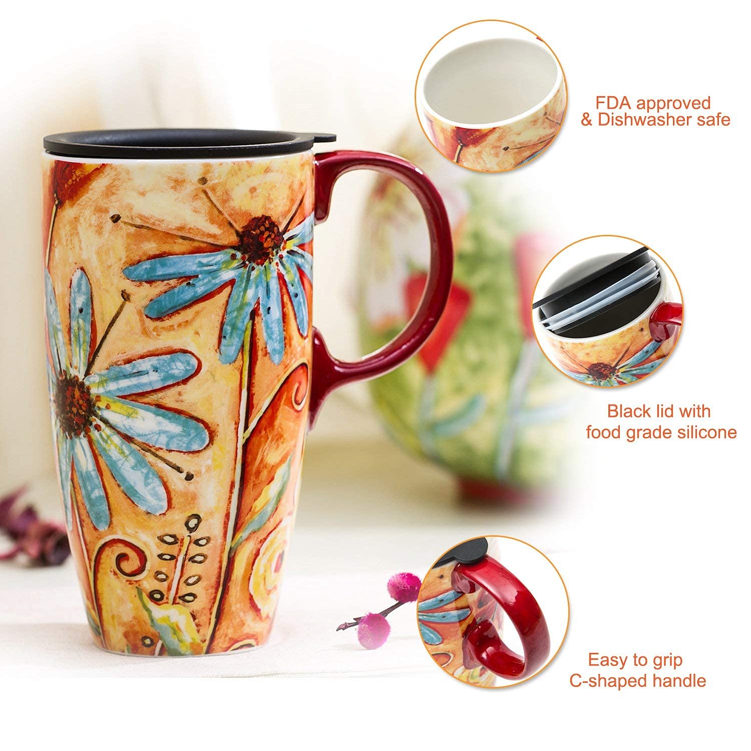 DUSVALLY Ceramic Mug Large Coffee Cup Tall Travel Mugs Porcelain Latte Tea Cup with Lid 17oz,Orange Flower