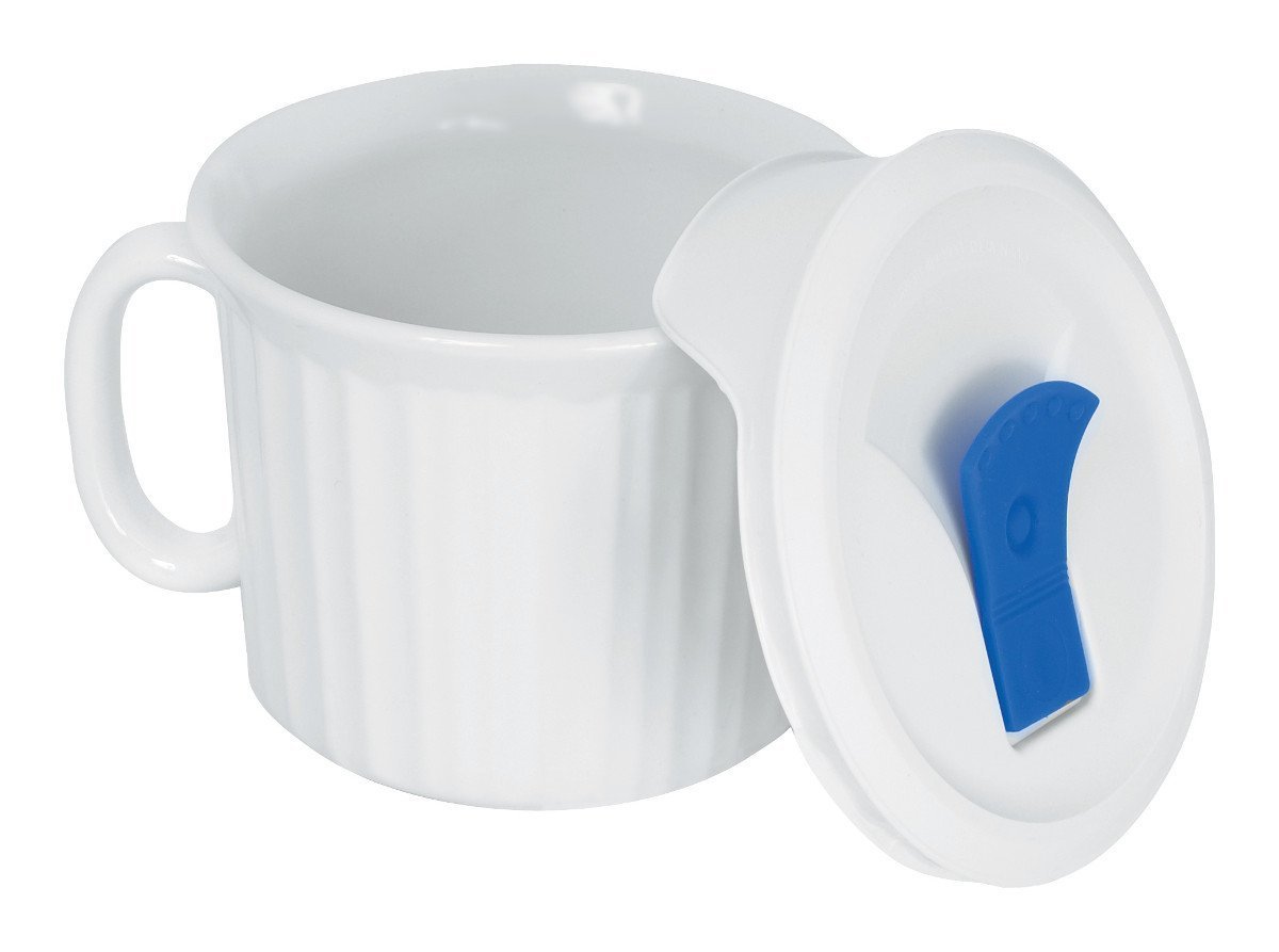 CorningWare Pop-Ins 20-ounce Mug w/Blue Vented Plastic Cover, White (Pack of 4)