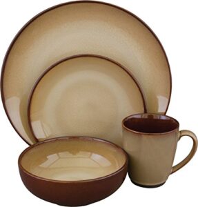 sango nova 16-piece ceramic dinnerware set with round plates, bowls, and mugs, brown