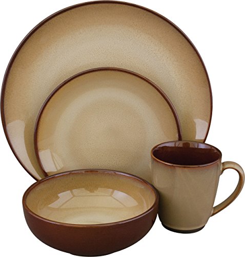 Sango Nova 16-Piece Ceramic Dinnerware Set with Round Plates, Bowls, and Mugs, Brown