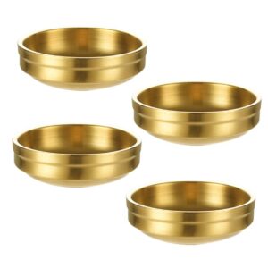 4pcs double-deck mini stainless steel sauce dish, round seasoning bowls, sushi dipping pinch bowls, salad dressing plates for appetizer, side dish, french fries, ketchup (3.5oz, gold)