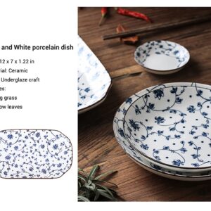 Gegong 12 inch Fish Plate Blue and White Porcelain Dish Serving Plate Floral Dinner Shallow Plate Appetizer Salad Dessert Snack Plate (Tang Grass)