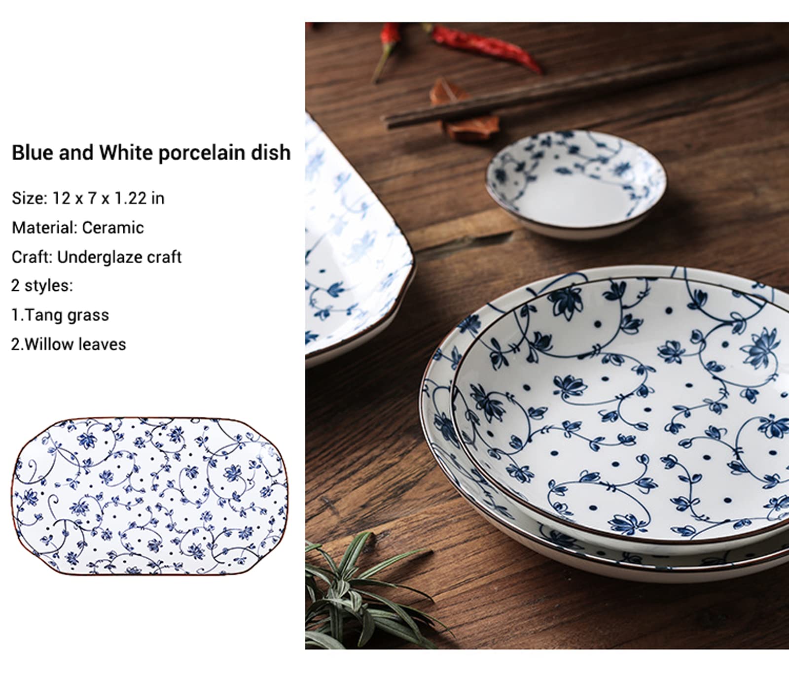 Gegong 12 inch Fish Plate Blue and White Porcelain Dish Serving Plate Floral Dinner Shallow Plate Appetizer Salad Dessert Snack Plate (Tang Grass)