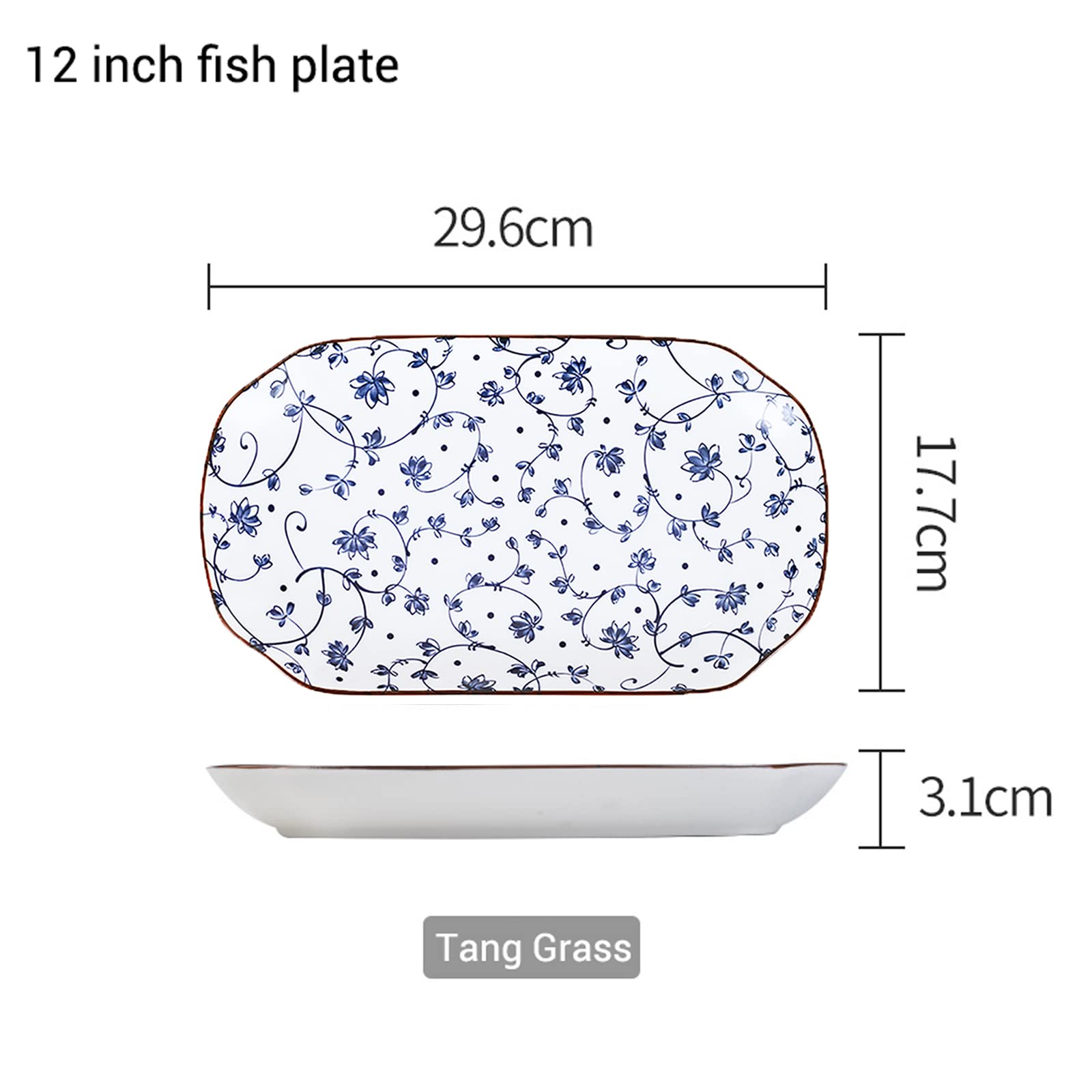 Gegong 12 inch Fish Plate Blue and White Porcelain Dish Serving Plate Floral Dinner Shallow Plate Appetizer Salad Dessert Snack Plate (Tang Grass)