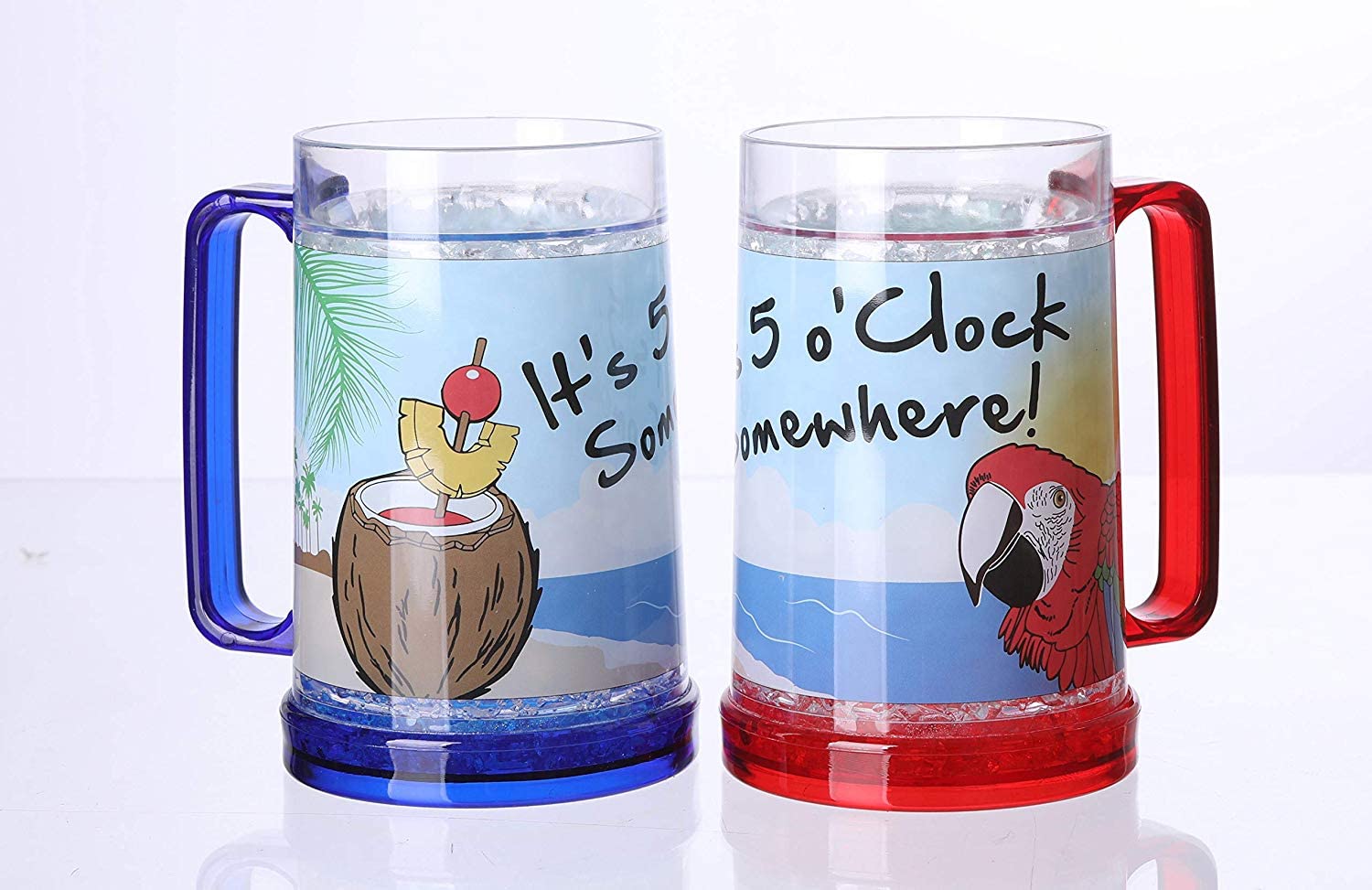 Easicozi It's 5 O'Clock Somewhere Party Parrot Double Wall Gel Frosty Freezer Ice Mugs Clear 16oz Set of 2