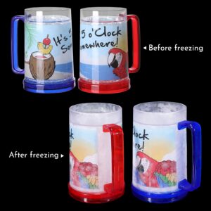 Easicozi It's 5 O'Clock Somewhere Party Parrot Double Wall Gel Frosty Freezer Ice Mugs Clear 16oz Set of 2