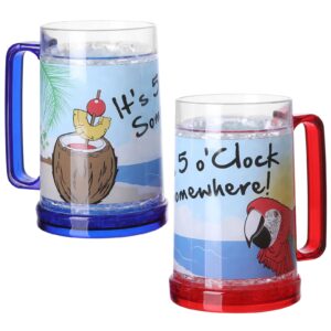 Easicozi It's 5 O'Clock Somewhere Party Parrot Double Wall Gel Frosty Freezer Ice Mugs Clear 16oz Set of 2