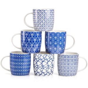 okllen 6 pack 11.5 oz coffee mugs with geometric patterns, ceramic coffee mugs stylish tea cup mugs set gift for latte, cappuccino, milk, water, cocoa, cereal, blue and white