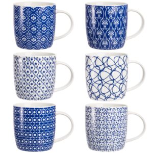 Okllen 6 Pack 11.5 Oz Coffee Mugs with Geometric Patterns, Ceramic Coffee Mugs Stylish Tea Cup Mugs Set Gift for Latte, Cappuccino, Milk, Water, Cocoa, Cereal, Blue and White