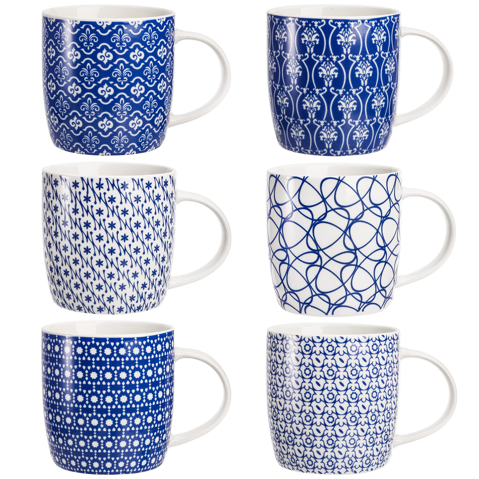 Okllen 6 Pack 11.5 Oz Coffee Mugs with Geometric Patterns, Ceramic Coffee Mugs Stylish Tea Cup Mugs Set Gift for Latte, Cappuccino, Milk, Water, Cocoa, Cereal, Blue and White