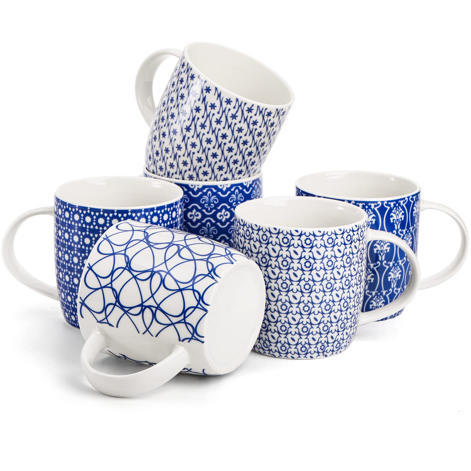 Okllen 6 Pack 11.5 Oz Coffee Mugs with Geometric Patterns, Ceramic Coffee Mugs Stylish Tea Cup Mugs Set Gift for Latte, Cappuccino, Milk, Water, Cocoa, Cereal, Blue and White