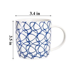 Okllen 6 Pack 11.5 Oz Coffee Mugs with Geometric Patterns, Ceramic Coffee Mugs Stylish Tea Cup Mugs Set Gift for Latte, Cappuccino, Milk, Water, Cocoa, Cereal, Blue and White