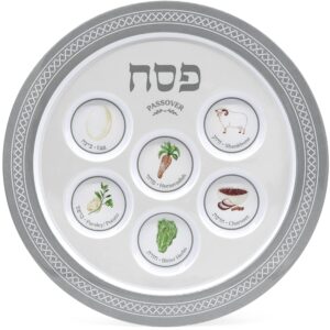 the dreidel company passover classic silver seder plate, melamine silver design passover seder plates, traditional kaarah for pesach 12" (single)