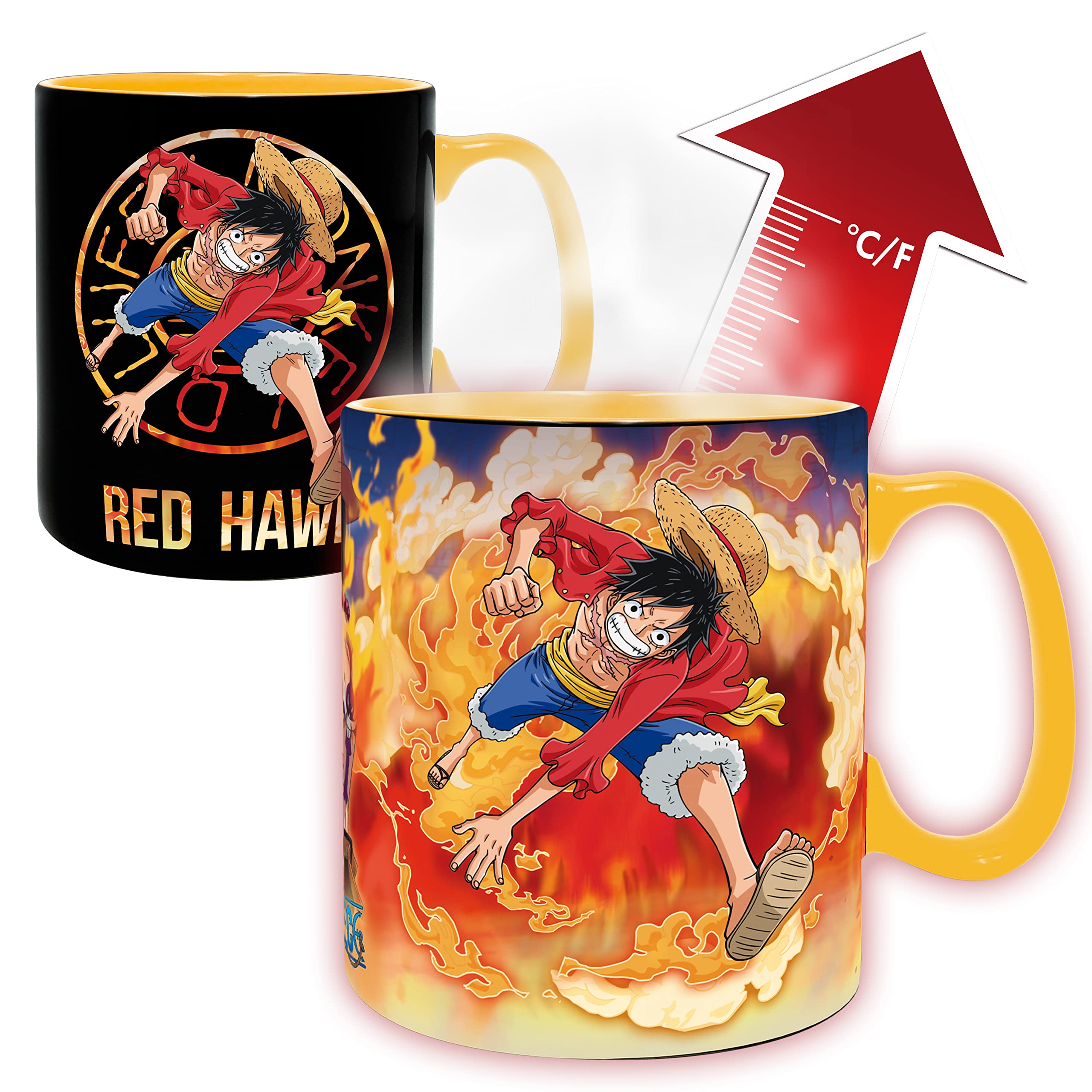 ABYSTYLE One Piece Luffy and Sabo Magic Heat Change Ceramic Coffee Tea Mug 16 Oz. & Absorbent Coaster Gift Set Anime Manga Drinkware 2 Pcs