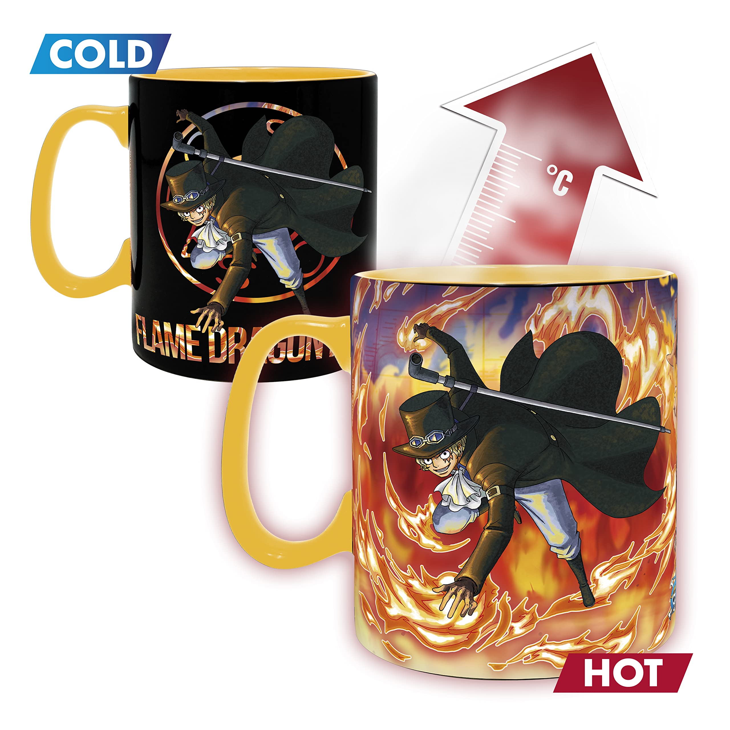 ABYSTYLE One Piece Luffy and Sabo Magic Heat Change Ceramic Coffee Tea Mug 16 Oz. & Absorbent Coaster Gift Set Anime Manga Drinkware 2 Pcs