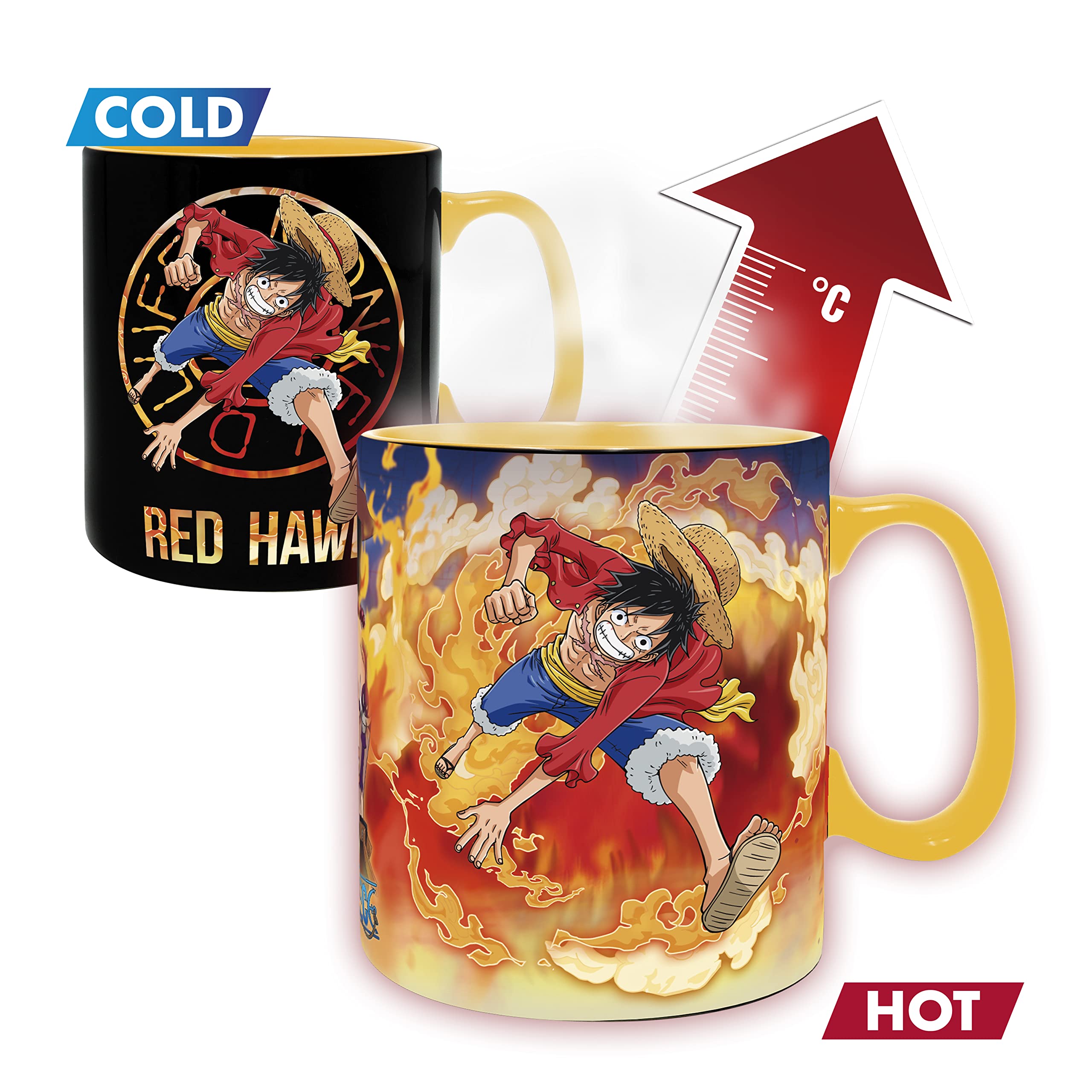 ABYSTYLE One Piece Luffy and Sabo Magic Heat Change Ceramic Coffee Tea Mug 16 Oz. & Absorbent Coaster Gift Set Anime Manga Drinkware 2 Pcs