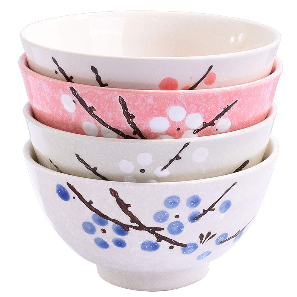 Whitenesser Japanese Rice Bowls Set of 4 - Japanese Style Hand-painted Floral Plum Ceramic Bowls set of 4 Color For Dessert Snack Cereal Soup