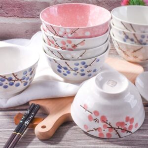 Whitenesser Japanese Rice Bowls Set of 4 - Japanese Style Hand-painted Floral Plum Ceramic Bowls set of 4 Color For Dessert Snack Cereal Soup