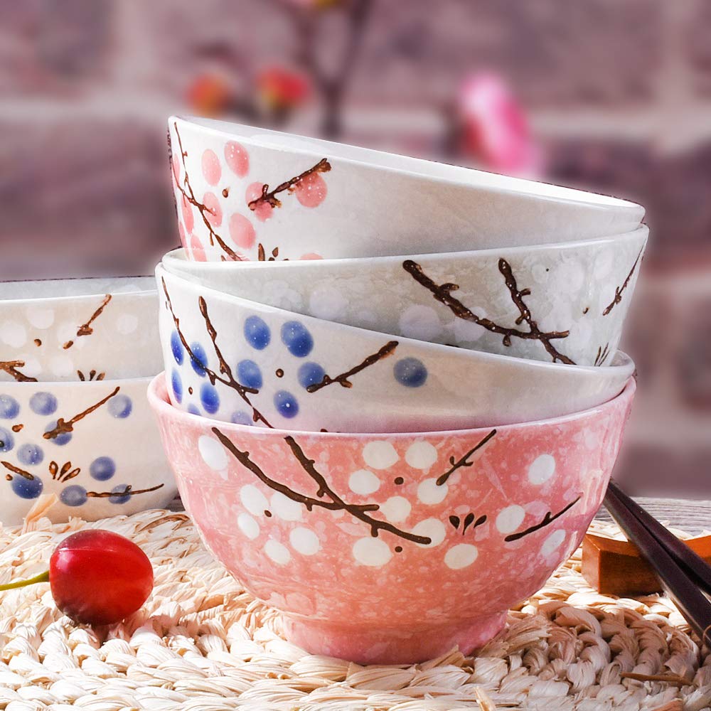 Whitenesser Japanese Rice Bowls Set of 4 - Japanese Style Hand-painted Floral Plum Ceramic Bowls set of 4 Color For Dessert Snack Cereal Soup