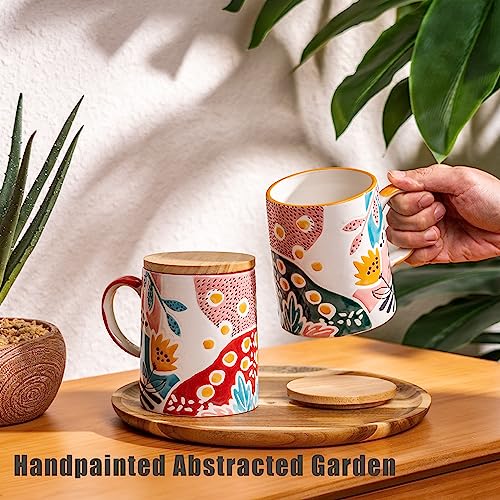 Taimei Teatime Ceramic Coffee Mug with Lid, Mug Set of 2, 17.6oz Coffee Mug with Handle, Large Mug for Coffee Latte, Tea, Handpainted Floral Mugs for Women, Dishwasher Safe and Microwaveable