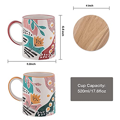 Taimei Teatime Ceramic Coffee Mug with Lid, Mug Set of 2, 17.6oz Coffee Mug with Handle, Large Mug for Coffee Latte, Tea, Handpainted Floral Mugs for Women, Dishwasher Safe and Microwaveable