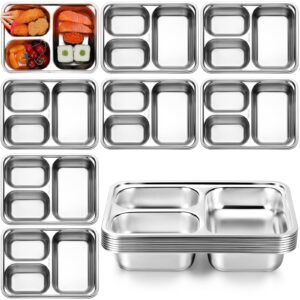 Zopeal 8 Pack 304 Stainless Steel Divided Plates Tray Rectangular Metal Dinner Section Plates for Adults Kids Food Portion Control Camping Lunch(3 Compartment Style)