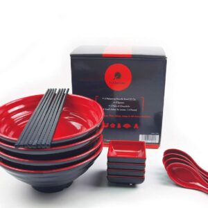 Goliber Ramen Bowl Set - Sushi Set - Set of 4-16pcs Includes Melamine Ramen Bowls, Chopsticks, Spoons and Small Dish for Sauce