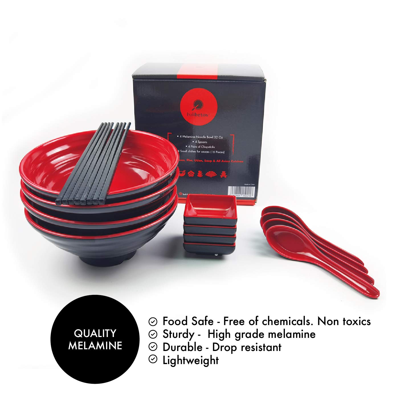 Goliber Ramen Bowl Set - Sushi Set - Set of 4-16pcs Includes Melamine Ramen Bowls, Chopsticks, Spoons and Small Dish for Sauce
