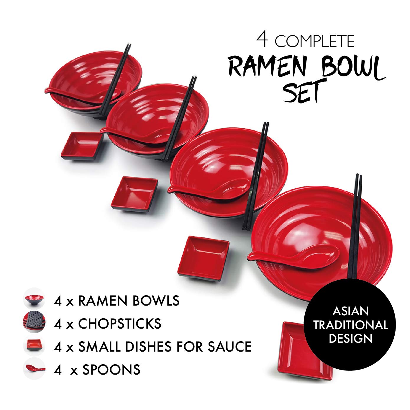 Goliber Ramen Bowl Set - Sushi Set - Set of 4-16pcs Includes Melamine Ramen Bowls, Chopsticks, Spoons and Small Dish for Sauce