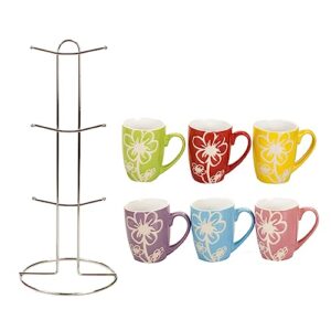 Home Basics 6 Piece Daisy Floral Ceramic 11 Ounce Mug Set For Coffee, Tea, Hot Chocolate etc. with Display Stand Multi color