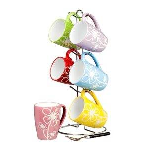 Home Basics 6 Piece Daisy Floral Ceramic 11 Ounce Mug Set For Coffee, Tea, Hot Chocolate etc. with Display Stand Multi color