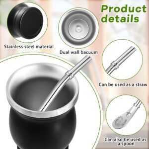 Mumufy 2 Pcs Yerba Mate Cup Stainless Steel Mate Cup and Bombilla Set Double Wall Mate Tea Cup with Cleaning Brush, Black, 8 Oz, Easy to Clean