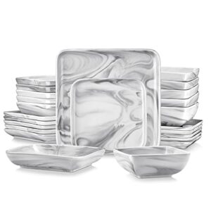 malacasa plates and bowls sets, 24-piece porcelain dinnerware sets for 6, marble grey dish set, square dinnerware set with dinner plates and bowls, series ivy