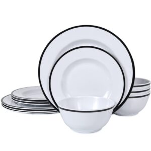 dishwasher safe melamine dinnerware sets- 12pcs plates and bowls sets for casual dining indoor and outdoor dining party camping, bpa-free&unbreakable tableware sets service for 4