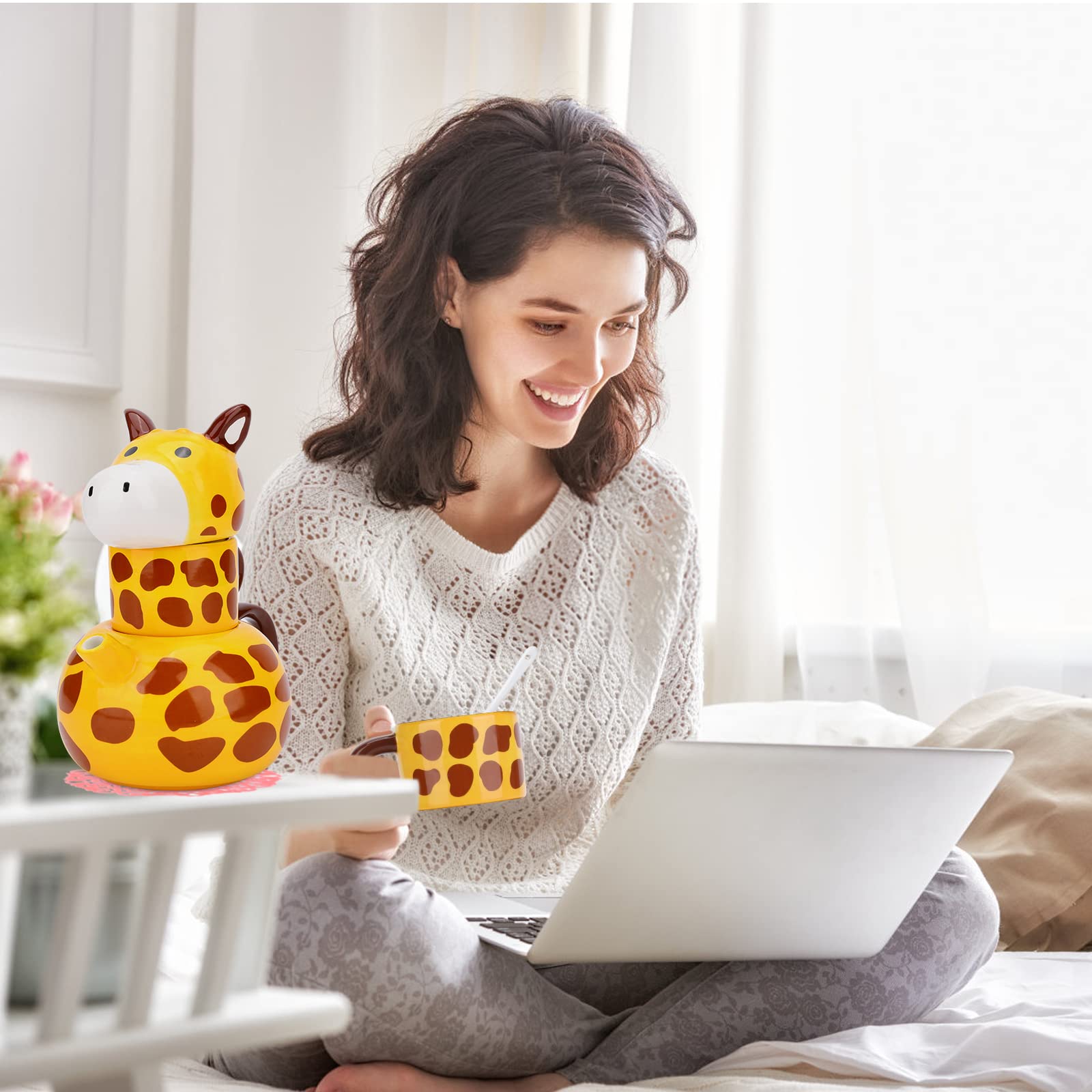 Funny Coffee Mug Set- Ceramic Material Giraffe Coffee Mug, Creative Cartoon Style Personalized Mug, Ceramics Tea Set, Suitable for Home, Office, Kitchen, Thanksgiving Gift (Value Pack)