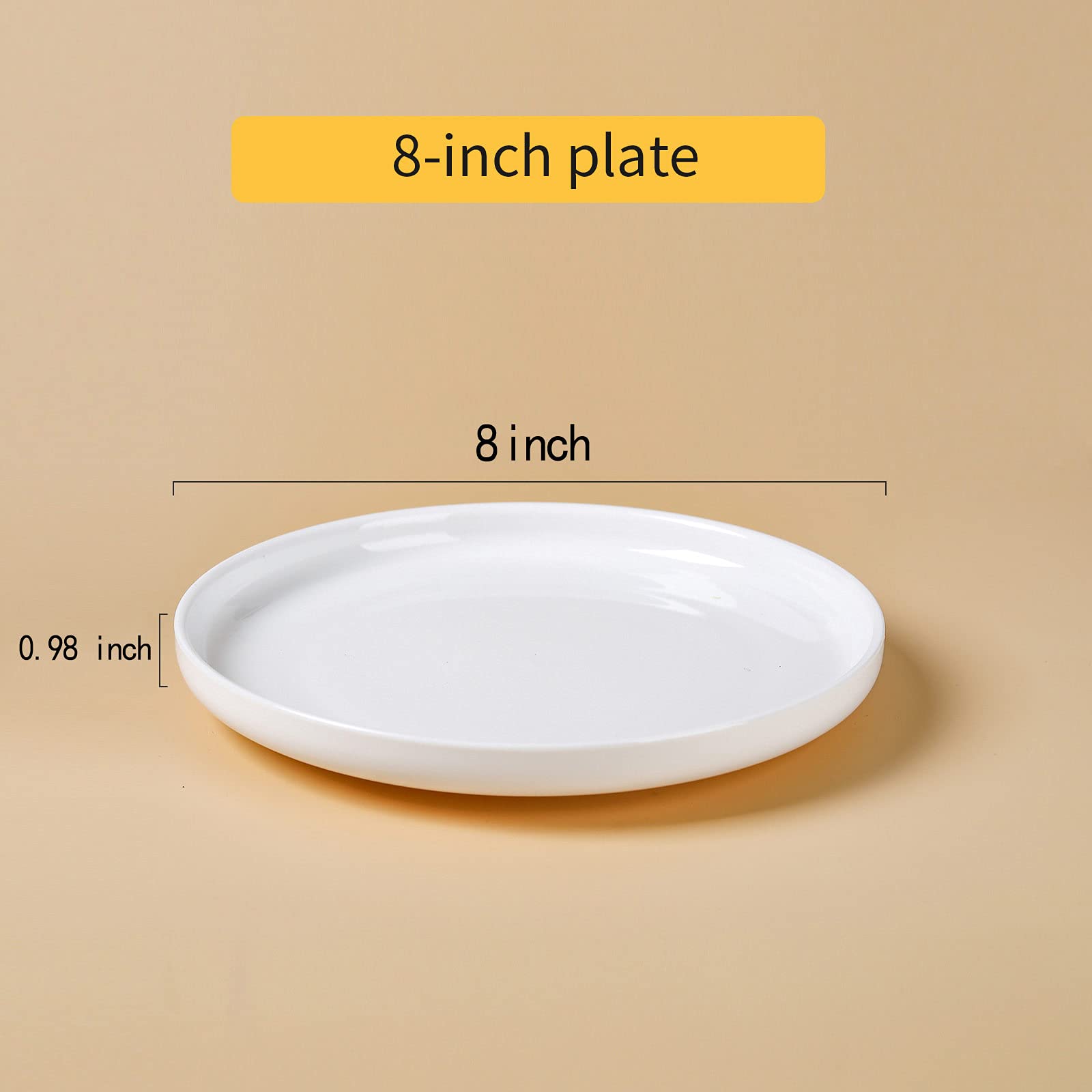 QFULL Ceramic White Dinner Plate Set of 6, 8 Inch Cutlery Set, Pizza Salad Pasta Steak Porcelain Plate Restaurant Dishes, Salad Plate, Anti-Scratch Round Plate