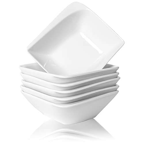 HAPPY KIT White Large Soup Bowls for Eating Set of 6 - Square 36oz Deep Ceramic Salad Cereal Bowl, 7 inch Porcelain Serving Bowls for Kitchen Ramen Rice, Dishwasher & Microwave Safe