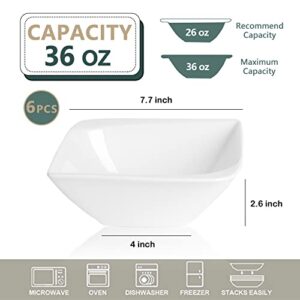 HAPPY KIT White Large Soup Bowls for Eating Set of 6 - Square 36oz Deep Ceramic Salad Cereal Bowl, 7 inch Porcelain Serving Bowls for Kitchen Ramen Rice, Dishwasher & Microwave Safe